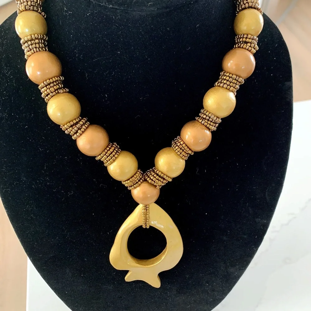 Hand Painted Wood Necklace Gold
